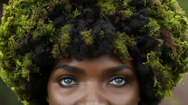 Portrait of a woman with brown eyes and afro hair covered in moss, giving a neutral expression, earth day concept, AI generated