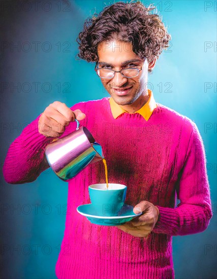 Happy young individual in vibrant clothes pouring coffee indoors, Vertical aspect ratio, AI generated