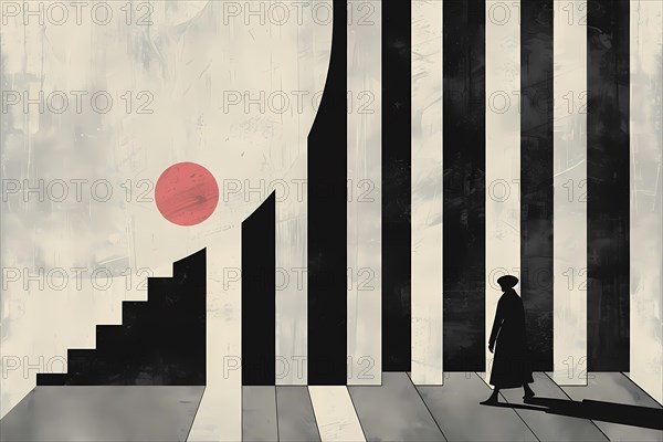 Minimalist and modern abstract architecture with contrasting stairs and silhouette against a red sun, illustration, AI generated