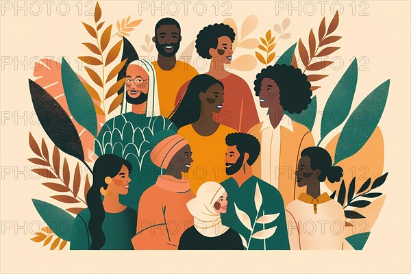 Art of a diverse group of people surrounded by leaves and smiling together, illustration, AI generated