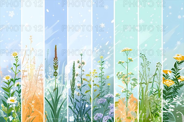 Four vertical panels representing different seasons with respective flowers and weather, illustration, AI generated