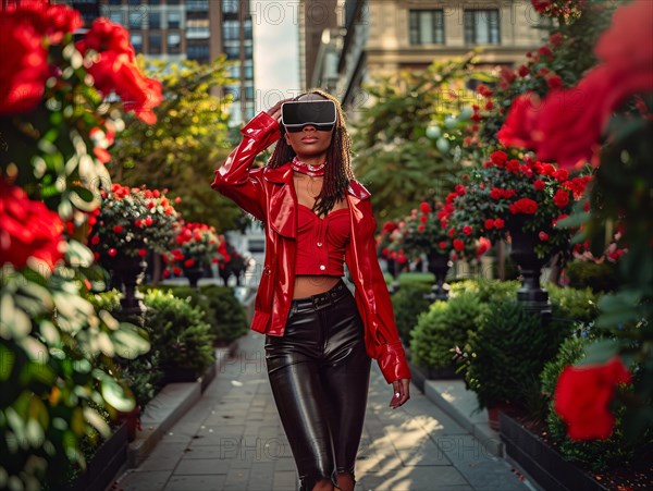 Fashionable woman in a red leather jacket and VR headset walking through an urban garden, AI generated
