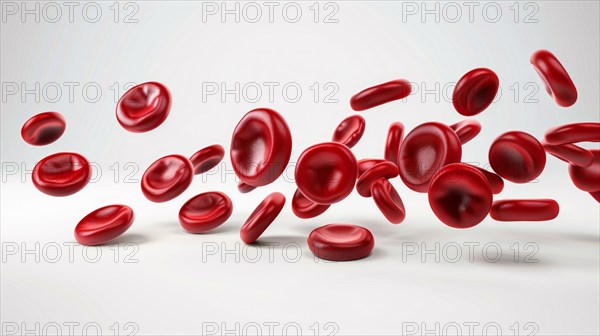 Red blod cells suspended in mid-air against a white background, suggesting motion, ai generated, AI generated
