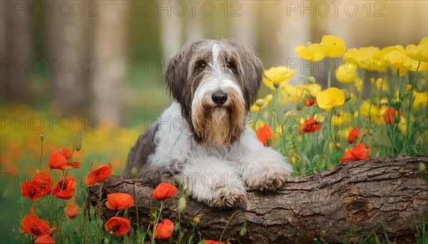 Ai generated, animal, animals, mammal, mammals, a, single animal, bobtail, (Canis lupus familiaris), dog, dogs, bitch, dog breed from England, a single animal, lies on a tree trunk, portrait, freontal