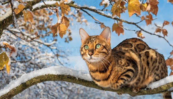 AI generated, animal, animals, mammal, mammals, cat, felidae (Felis catus), a cat resting on a branch in a tree, autumn, snow, onset of winter