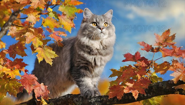 AI generated, animal, animals, mammal, mammals, cat, felidae (Felis catus), American Forest Cat, sitting in a tree, autumn, autumn leaves