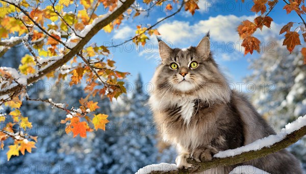 AI generated, animal, animals, mammal, mammals, cat, felidae (Felis catus), a grey-black American Forest Cat, sitting in a tree, autumn, autumn leaves, snow, onset of winter