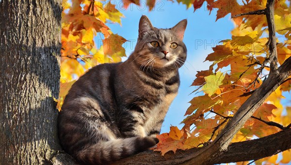 AI generated, animal, animals, mammal, mammals, cat, felidae (Felis catus), a colourful American Forest Cat, sitting in a tree, autumn, autumn leaves