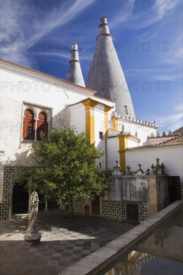 Inner courtyard with view of the chimney stacks at the National Palace of Sintra, Sintra, Portugal, Europe