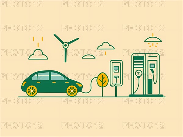 Illustration of electric cars at charging stations with wind turbine and rain clouds, illustration, AI generated