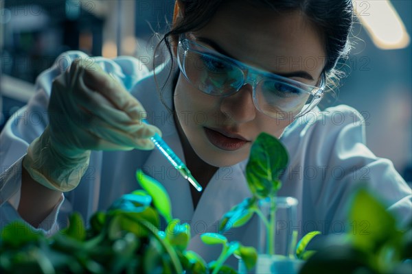 Female scientist researching on plants in laborotory. Concept for biotechnology and genetic modification. KI generiert, generiert, AI generated