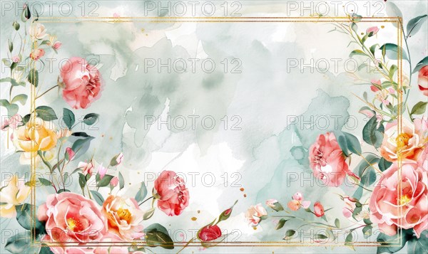 Thin golden frame on watercolor background, space for text AI generated