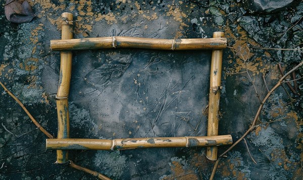 Delicate bamboo frame on minimalistic natural material, space remember AI generated