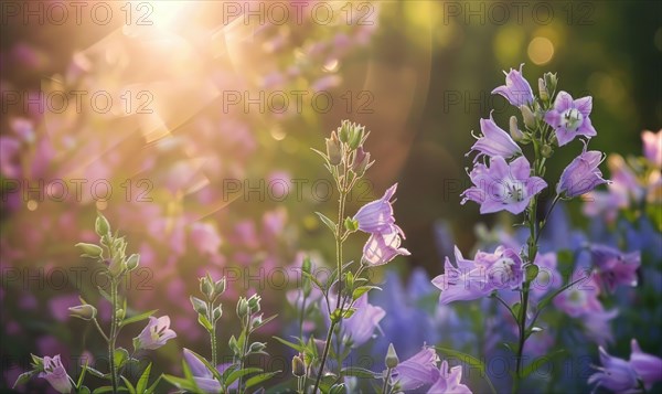 Bellflowers blooming in a cottage garden, closeup view, soft focus AI generated