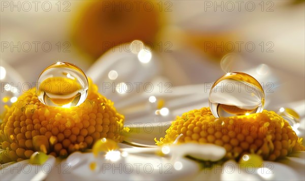 Chamomile essential oil droplets on chamomile flowers, nature beauty background AI generated