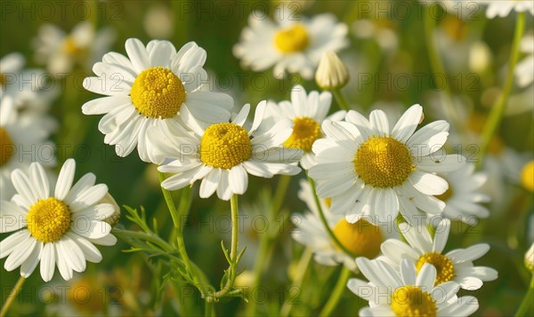 Close-up of chamomile flowers, selective focus AI generated