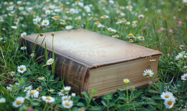 Old book lying on a grassy knoll surrounded by wildflowers AI generated