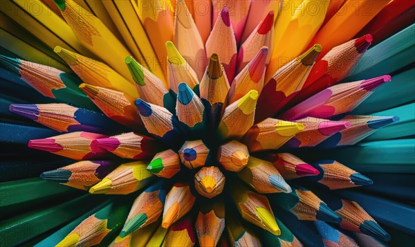 An overhead shot of colored pencils arranged in a pattern, abstract background with colored pencils AI generated