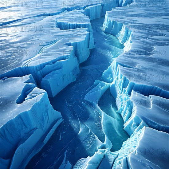 Glaciers crevasse from an aerial top down view with deep blue hues echoing the glaciers dynamic, AI generated