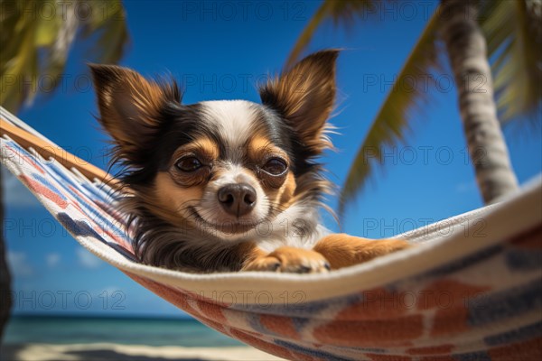 SMall Chihuahua dog lying in gammock at tropical beach. KI generiert, generiert, AI generated