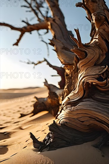 Saxaul tree branches stabilizing gobi desert sand dunes, AI generated