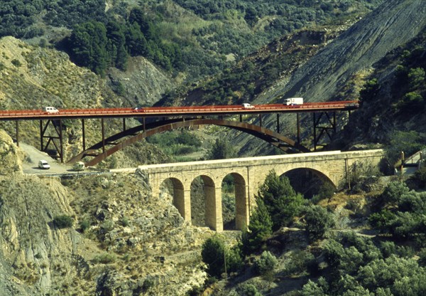 Road bridges in the mountainous Spanish landscape, Andalusia, Spain, Southern Europe. Scanned thumbnail slide, Europe
