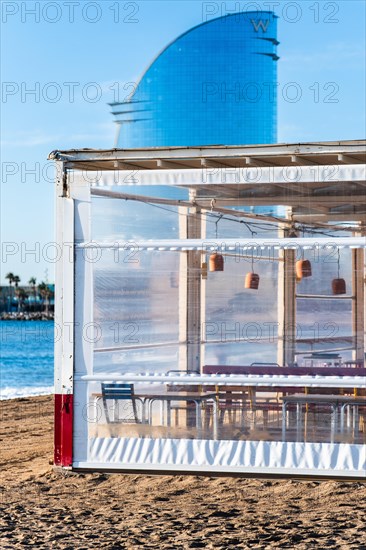 Empty beach cafe in the morning on the beach in Barcelona, Spain, Europe