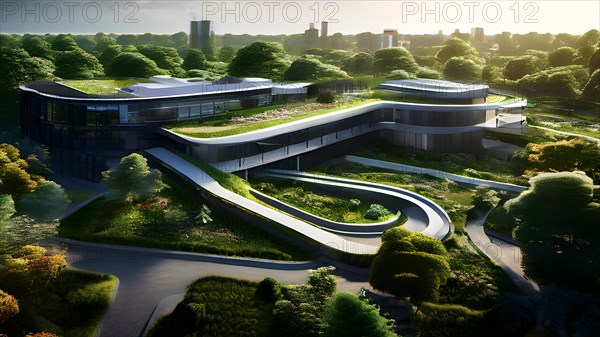 Aerial view of a modern hospitals green roof designed as a therapeutic garden, AI generated, modern, architecture