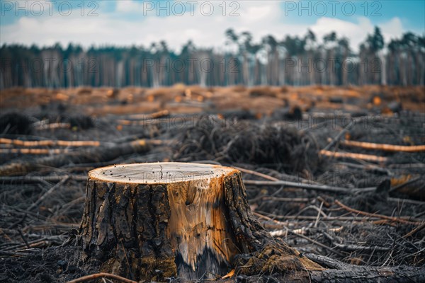 Tree stump with many felled tree in background. Deforestation concept. KI generiert, generiert, AI generated