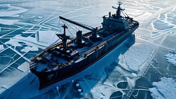 Aerial view of churned ice and open water trailing an icebreaker through pristine icy wilderness, AI generated