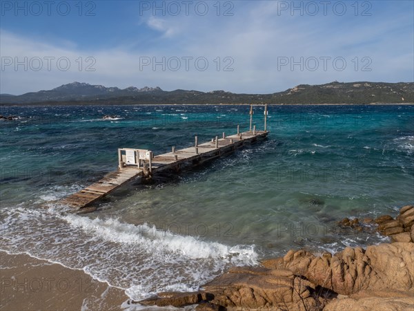 Rock formations, jetty leading into the sea, Capriccioli beach, Costa Smeralda, Sardinia, Italy, Europe