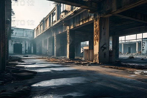 Deserted military base featuring empty barracks and abandoned tanks in silent, AI generated