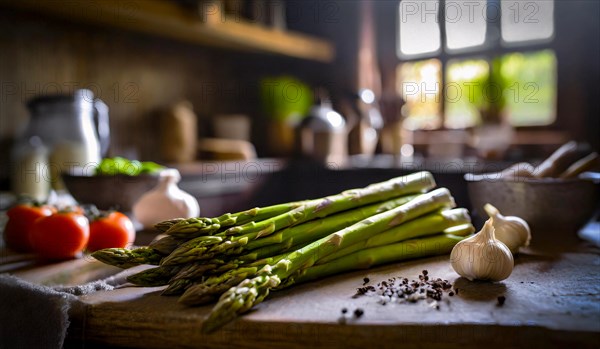 Green asparagus in a rustic farmhouse kitchen, AI generated, AI generated