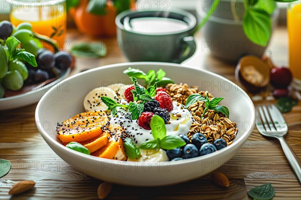 Breakfast bowl with yogurt, granola, seeds, and a mix of colorful fruits on a wooden table, AI generated