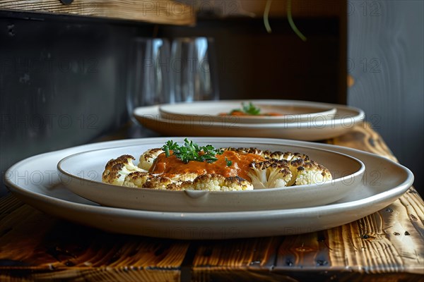 Roasted cauliflower with brown sauce garnished with herbs on a wooden table, AI generated