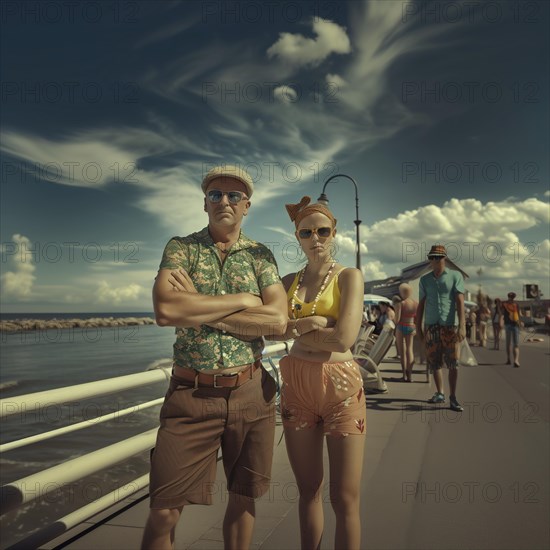 A stylish couple in summery retro clothing stands casually on a beach promenade, KI generated, AI generated