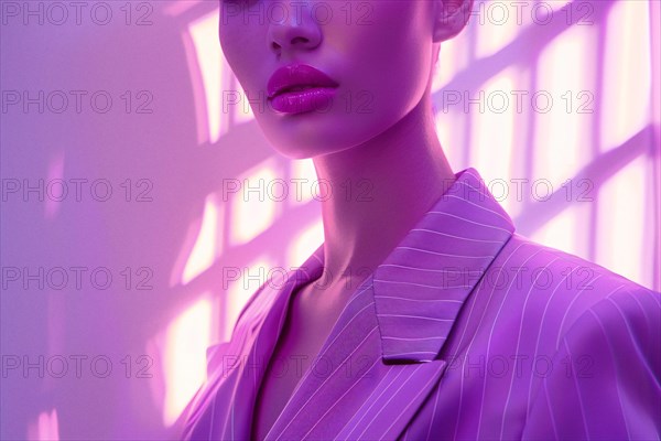 Woman in stylish business attire with purple neon lights in background, AI generated