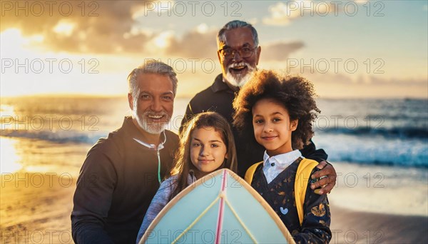 Multi-generational family holding a surfboard and enjoying time together on the beach, AI generated