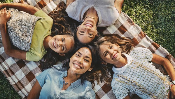 Family of four enjoying a picnic in the park, captured from an overhead perspective, AI generated