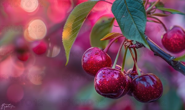 Ripe cherries peeking out from the branches of a cherry blossom tree AI generated