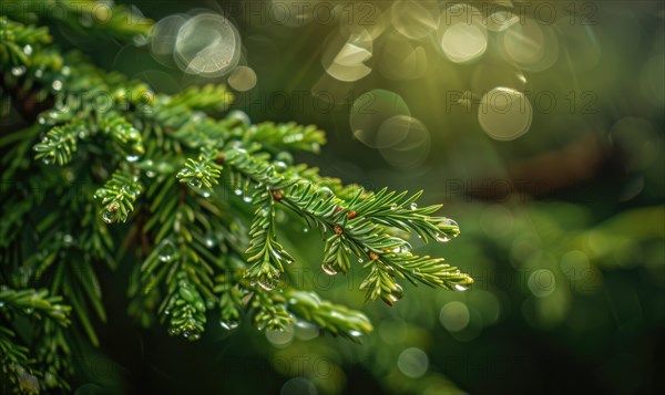 Closeup view on cedar branch in rain drops, bokeh background AI generated