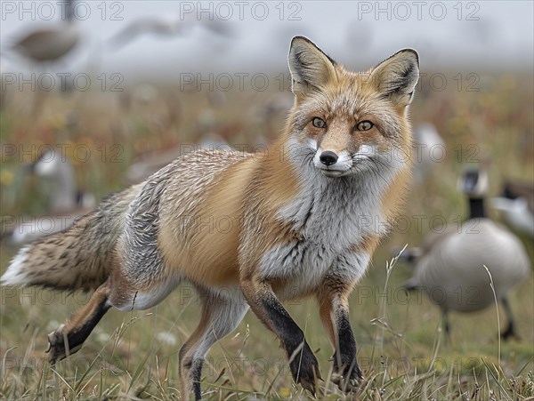 A fox stands in a meadow and attentively observes the geese around him, AI generated, AI generated, AI generated