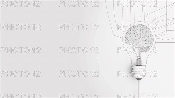 A light bulb with a brain inside it surrounded by flowing lines in a simple monochromatic setting, ai generated, AI generated