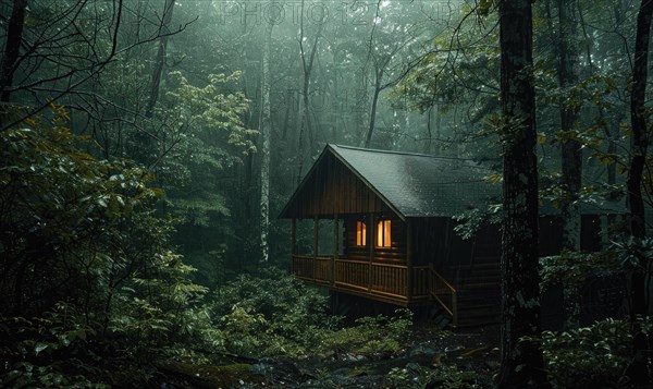 A cozy cabin nestled in a lush forest, surrounded by mist and raindrops glistening on the leaves AI generated