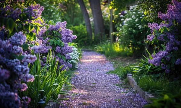 A garden pathway lined with blooming lilac bushes AI generated