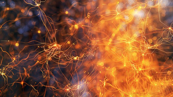 Glowing neural network illustration with neurons in warm orange and yellow tones, ai generated, AI generated