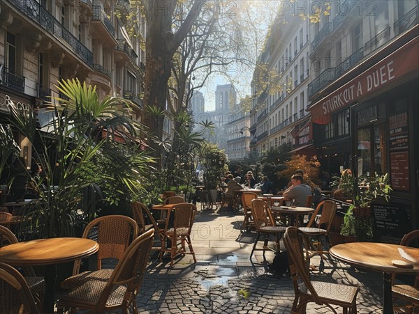 Sonnendurchflutete Cafeterrasse in Paris mit entspannter Atmosphaere, Lifestyle in Paris, Frankreich, AI generiert, AI generated