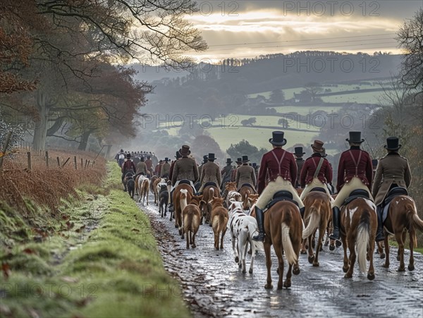 Traditional fox hunting with traditional clothing in England on horseback with dogs over hill and dale, AI generated