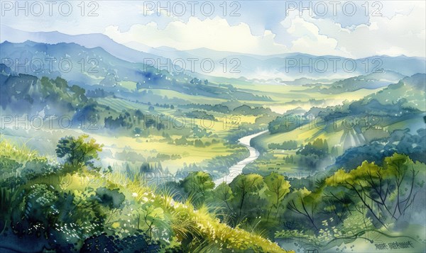 A watercolor illustration of valley with calm river flowing through verdant fields AI generated