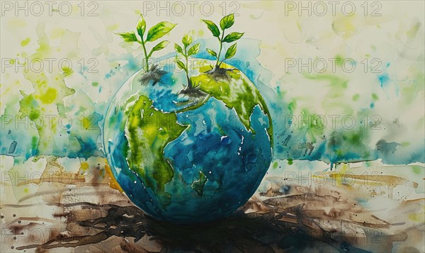 Vibrant watercolor painting of Earth with tree saplings growing on top AI generated